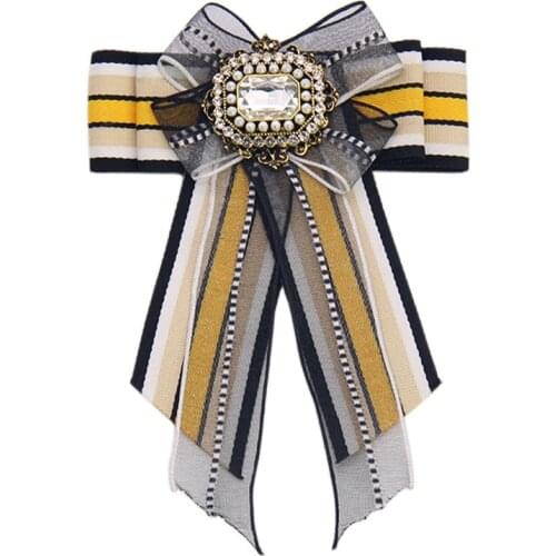 High-grade Bow Tie Brooch Colorful Fabric Ribbon Bowknot Alloy Crystal Rhinestone Shirt Blouse Collar Pin Fashion Luxury Jewelry