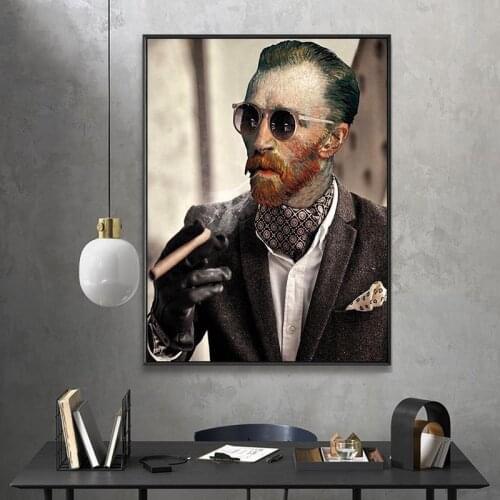 Funny Art Van Gogh with Sunglasses Smokes A Cigar Posters and Prints Canvas Paintings Wall Art Pictures for Living Room Decor