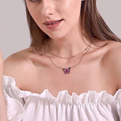 Fantasy Colorful Butterfly Necklaces for Women Female Gold Clavicle Chain Double Layer Beads Animal Pendant Necklace Jewelry