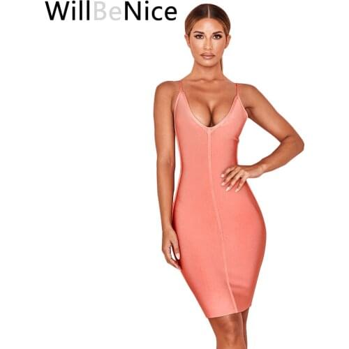 WillBeNice 2019 Sexy Bandage Dress Woman Coral Pink Spaghetti Strap V Neck Slim Bodycon Dress Bandage Women Party Dress China