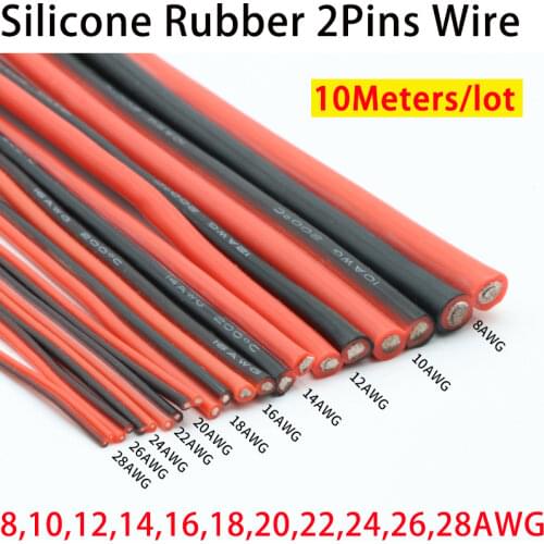 10M Black Red 8 10 12 14 16 18 20 22 24 26 28 AWG 2Pins Soft Silicone Rubber Copper Electric Wire Lamp Light Connector Cable