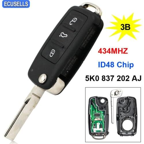 3 Button Folding Flip Remote Key 434MHZ 5K0837202AJ 5K0 837 202 AJ ID48 Chip Uncut Blade for VW Golf Caddy Beetle Polo Jetta