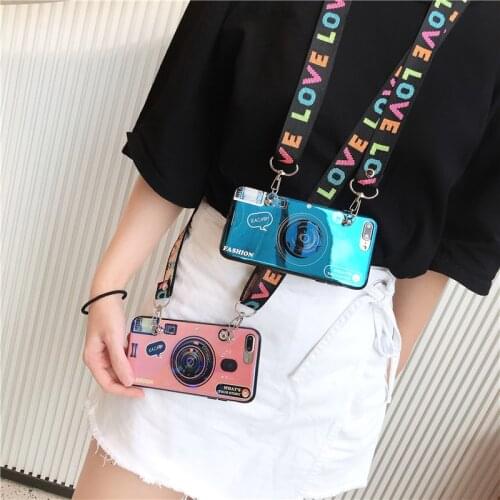 3D Retro Camera Patterned Soft Case For Samsung Galaxy A02 A02S A90 5G A32 A42 A12 Bracket Wrist Band Back Cover with Lanyard