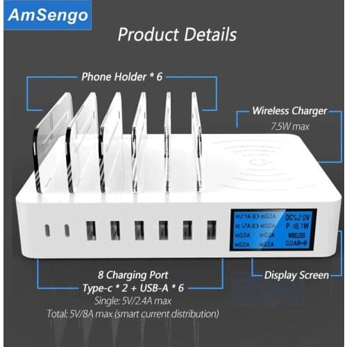 50W Qi Wireless Fast Charger For iPhone 12 XS MAX XR For Samsung Multi USB Charger HUB Station Led Display Usb-C Charger Station