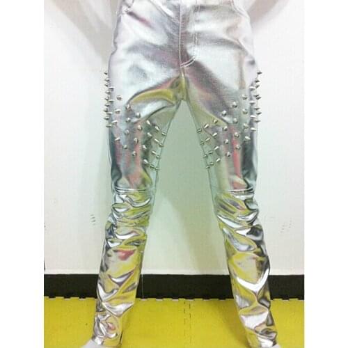 Plus Size Men Fashion Hair Stylist Pants Nightclub Singer Dj Gold Silver Rivets Slim Leather Pants Trousers Costumes Clothing