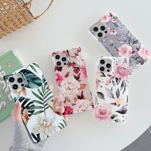Vintage Banana Leaf & Flowers Square Phone Case For iPhone 12 Pro Max 11Pro Max XR XS Max 7 8 Plus X Soft Cover Coque Bumper