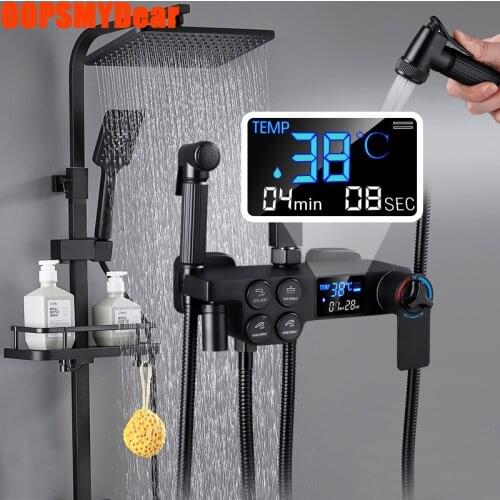 Black Thermostatic Shower System Bathroom LED Digital Shower Set Wall Mount Smart Bath Faucet Square Spray SPA Rainfall Torneira