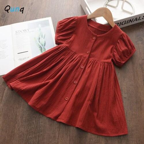 Qunq Girls Dress 2021 New Summer Casual O-neck Puff Sleeve Kids Dresses for Girl 2 3 4 5 6 7 8 Year Toddler Children Clothing