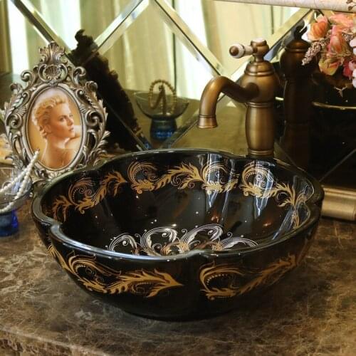 Black flower shape China Artistic Handmade porcelain Round bathroom counter top ceramic sink bathroom art basin washbasin