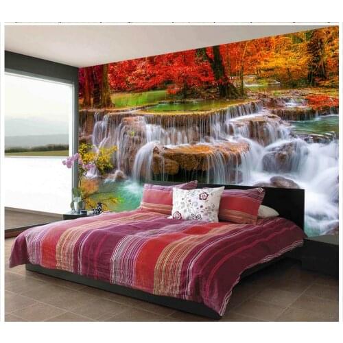 Wallpaper Mural Painting For Living Room Autumn Red Maple Waterfall Custom Any Size Mural Wallpaper