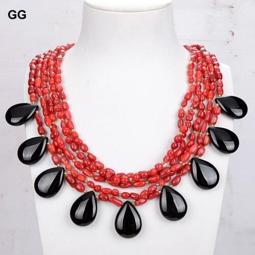 GuaiGuai Jewelry 18" 5Strands Red Coral Black Onyx Necklace For Women