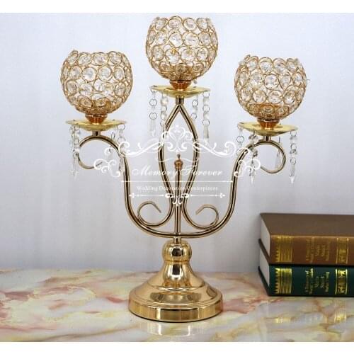 Crystal Candelabra 3 Arm Candle Holder Gold Candlestick Metal Wedding Decoration Table Centerpiece Road Lead
