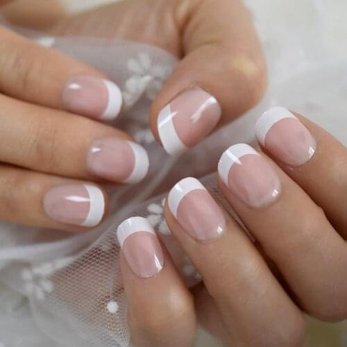 Round French Uv Gel False Nail Nude Pink Acrylic Design Fingernail Short Full Cover Daily Natural Nail Art Tips