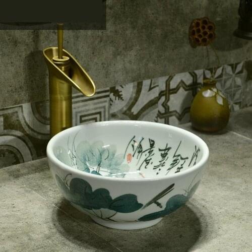 Small 30CM Chinese-style Washbasin Jingdezhen Ceramic Basin round Hand-painted Lotus fish pattern bathroom sink