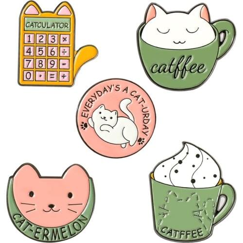 Cute Cartoon Anime Cat And Teacup Lapel Pins Enamel Badges Brooches For Women Fashion Calculator Coffee Cup Hijab Pins Badges