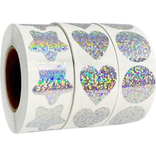 500pcs Waterproof Love Heart Round Sticker for Business Kid Teacher Diary Wedding Decro Notebooks Rainbow Silver Adhesive Labels