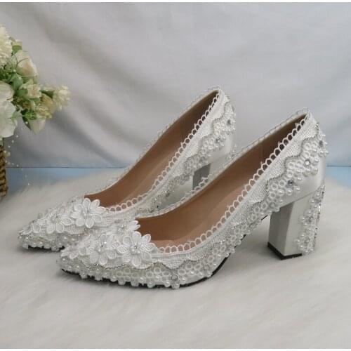 BaoYaFang Pointed Toe Fashion White Wedding Bride Shoes Med Heel Ladies Big Size Party Dress Shoes Woman High Pumps Pointed Toe