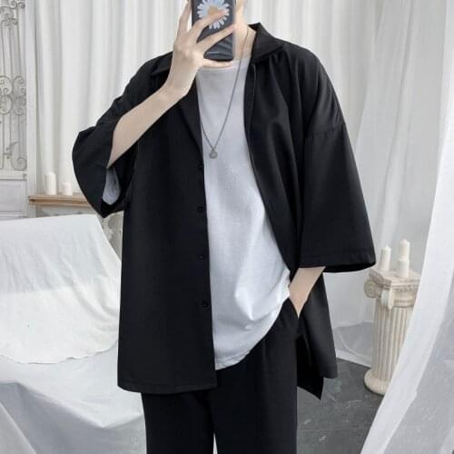 Mens Shirt Pure Color Popular Summer Loose Streetwear White Black Lapel Short Sleeve Coat College Cotton New 2021 Trend