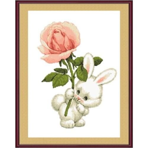 Cross Stitch Kit 11CT Printed Cloth Handmade Material Package Chinese Embroidered Animal Rose Rabbit Cute Cartoon