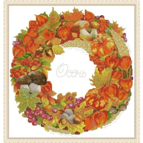 Wreath-Autumn Fruits Counted Cross Stitch Kits Embroidery Needlework Stamped Canvas Thread 11CT 14CT Printed Handmade Decor Sets
