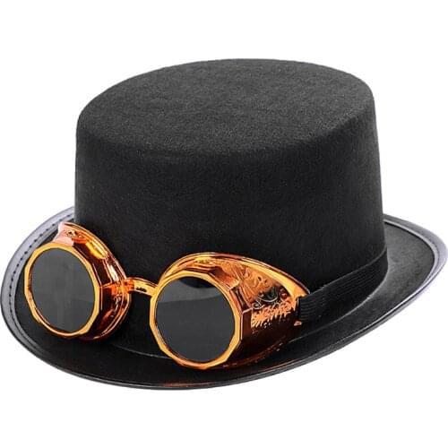 Victorian Steampunk Gothic Top Hat with Detachable Goggles Bowler Jazz Cap Halloween Cosplay Carnival Costume Accessory