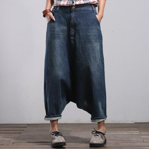 Vintage Bohemian Cotton Denim Feminino Pantalon Taille Haute Femme Wide Leg Boyfriend Jeans Blue Haren Pants for Women Trousers