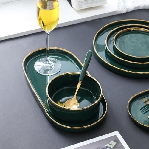Green Porcelain Breakfast Plates Dishes Noodle Bowl Coffee Mug Cup Gold Marble Glazes Ceramic Party Tableware Set