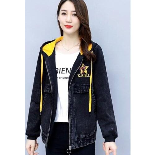 #3122 Spring 2021 Jeans Jacket Women Harajuku Printed Denim Coat Female With Hooded Loose Casual Denim Jacket Women Embroidery