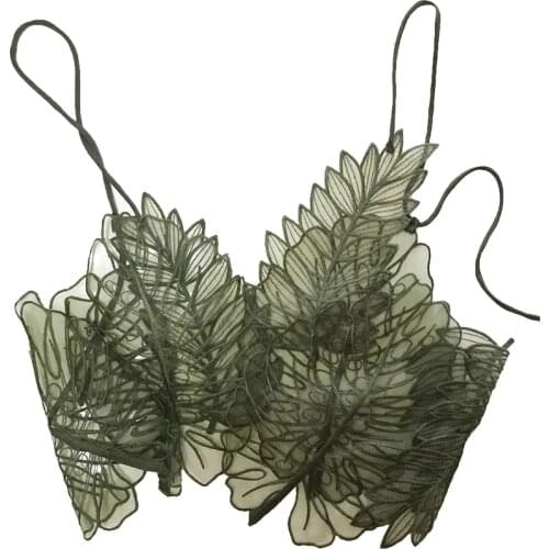 Women Tank Top Green Transparent Outfit Camis Sexy Embroidered Tanks Organza Leaves Sexy Crop Top
