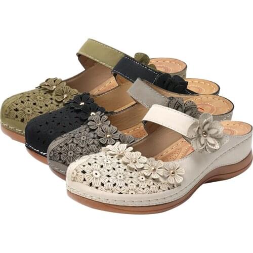 2020 Summer Women Sandals Handmade Ladies Shoes Leather Floral Sandals Women Flats Retro Style Shoes For Woman