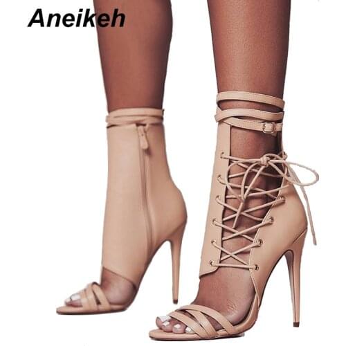 Aneikeh Roman Buckle Strap Shoes Women Sandals Sexy Gladiator Cross-Tied Lace Up Peep Toe High Heels Ankle Boots Black Aprict