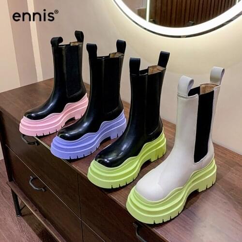 ENNIS Chelsea Womens Boots Genuine Leather Shoes Thick Sole Platform High Boots Autumn Winter Fashion Brand Shoes Black B106