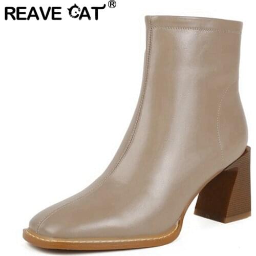 REAVE CAT Women Genuine Leather Boots Ladies Shoes Zip Ankle Boots Women Shoes Soft Footwear Woman Fashion Autumn Winter New Hot