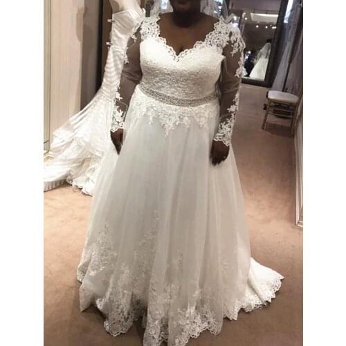 Plus Size Wedding Dress Appliques Lace Beading Bellt Illusion Long Sleeves V Neck A Line Floor Length Bridal Gown robe de marie
