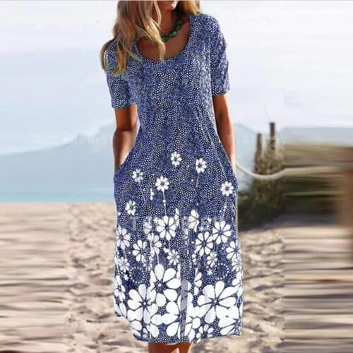 Summer Women Vintage Dresses Casual Round Neck Printed Retro Dress Floral Short Sleeve Pullover Dress Pocket Vestido Женский