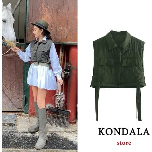 KONDALA Women Waistcoat Spring Za Fashion 2021 Button Pockets Streetwear Sleeveless Jackets Female Bow Armygreen Short Waistcoat