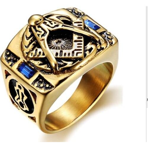 12pcs/lot Vintage Gold Freemason Ring With Blue Crystal Titanium Masonic Ring Men Master Free Mason Jewelry