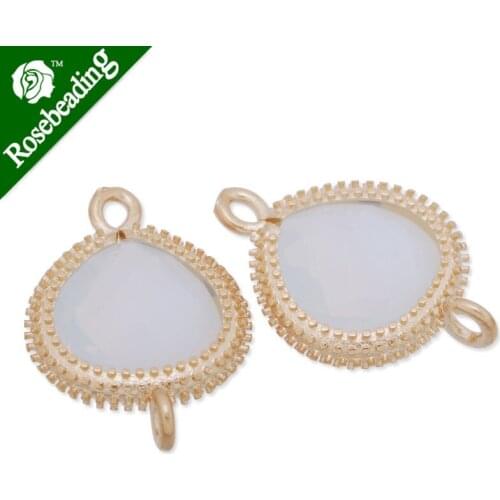 13x18.5mm matt gold plated framed glass,Faceted glass,white opal,connectors,gemstone bezel,Sold 5pcs/lot-C4146