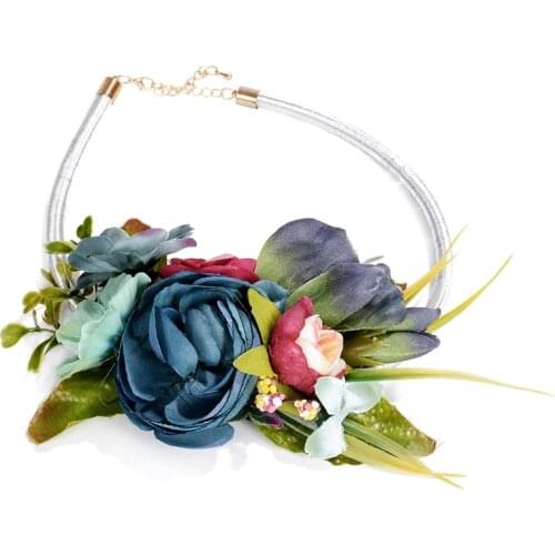 2021 Sweet Romantic Green Leaf Big Fabric Flower Necklace Women Girls Summer Beach Party Choker Chain Clavicle Jewelry