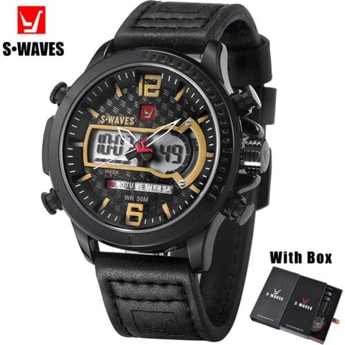 SWAVES Waterproof Wristwatch Mens Clock Unique Multi Function Watch Men Leather Analog Digital Quartz Relojes Hombre With Box