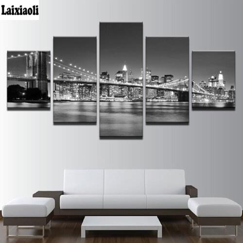 Black White Brooklyn Bridge City Night View 5d diamond painting 3d Embroidery,Full,square,picture of Rhinestone,Mosaic 5 Pieces