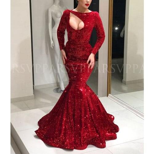 Long Red Evening Dresses 2020 Mermaid Long Sleeve Arabic Style Velvet Sequin Formal Evening Gowns robe de soiree