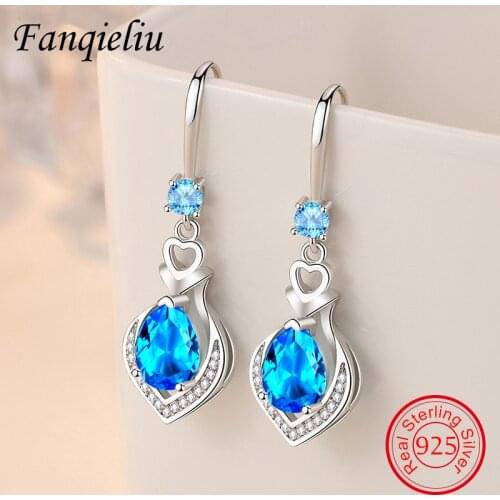 Fanqieliu Heart Crystal Dangler Real 925 Sterling Silver Drop Earrings For Women Jewelry Wedding Gift FQL21396