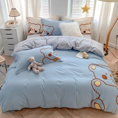 Blue Bear Cute Embroidery Bedding Set Kawaii Girls Kids Cartoon Duvet Cover High Quality Cotton Comforter Cover Set Pillowcase