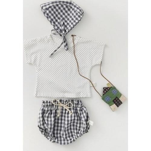 Infant Baby Clothing Sets Summer Polka Dot Short-sleeved Tops + Plaid Bread Pants and Hats for Boys and Girls Three-pieces Suit