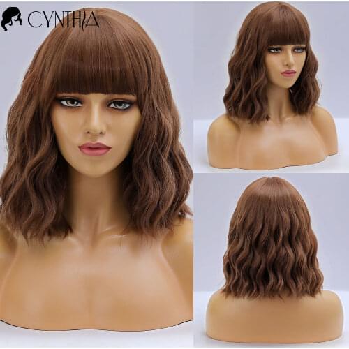 Short Wave Ombre Brown Synthetic Wigs With Bangs For Women Wavy Natural Daily Heat Resistant Cosplay Fibre Female Colored Hair