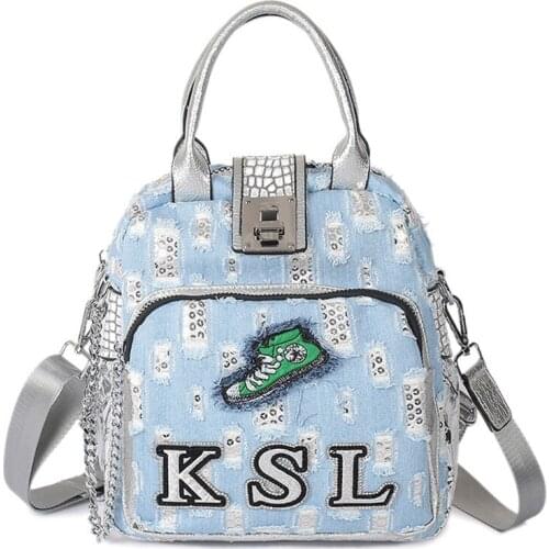 Fashion Denim Womens Backpack Large Capacity Girl School Bag Multifunction Shoulder Bags Female Casual Sequins Travel Backpacks