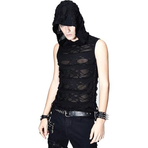 Punk Mens Black Sleeveless Tank Top Hoodies Rock Vest Gothic Casual Hollow Out Fitted Tank Tops for Male Vest New Trendy