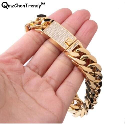 Stainless Steel Hip hop Mens Miami Curb Cuban CZ Clasp Chain Bracelets Men Bling Iced Out Heavy Thick Bangle Fashion Jewelry