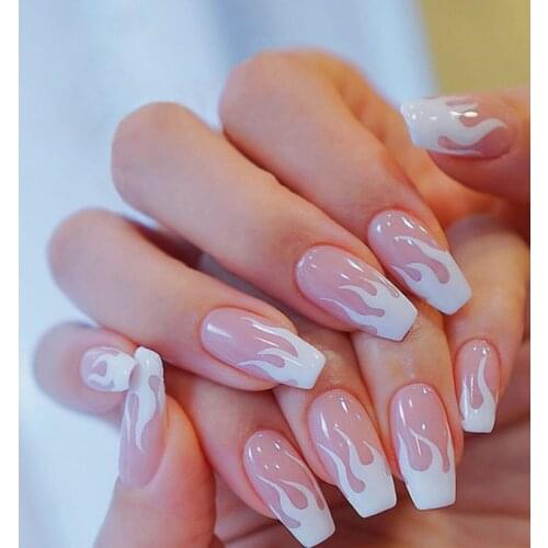 24pcs/set Square Flame Fake Nails Design Pink Purple Fire Pattern False Nails With Glue Full Cover Press On Nails